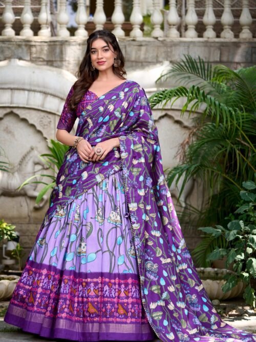 1214LUVMAIN1.jpg Lavender Pichwai & Patola Print Tussar Silk Lehenga Choli with Zari Weaving Border