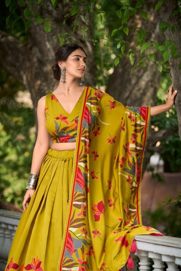 Mustard Color Floral Print With Foil Work Viscose Chanderi Lehenga Choli
