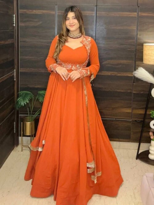 Orange Color Jacket Style Anarkali Suit Set