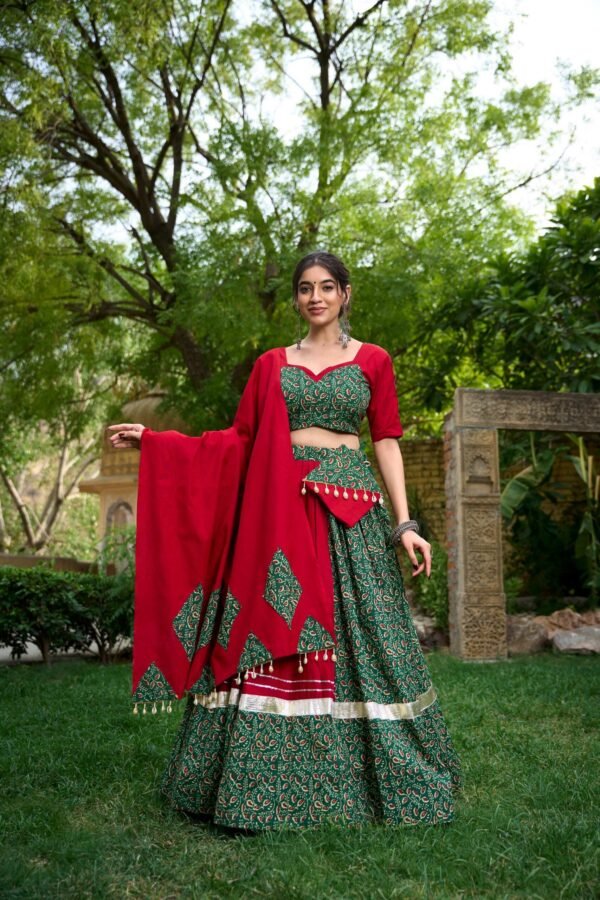 Green Color Cotton Navratri Lehenga Choli Set