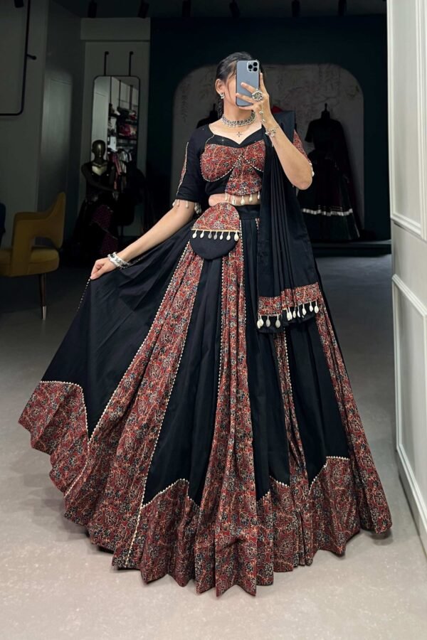 Black Cotton Chaniya Choli Set with Gota Patti and Printed Work Traditional Lehenga