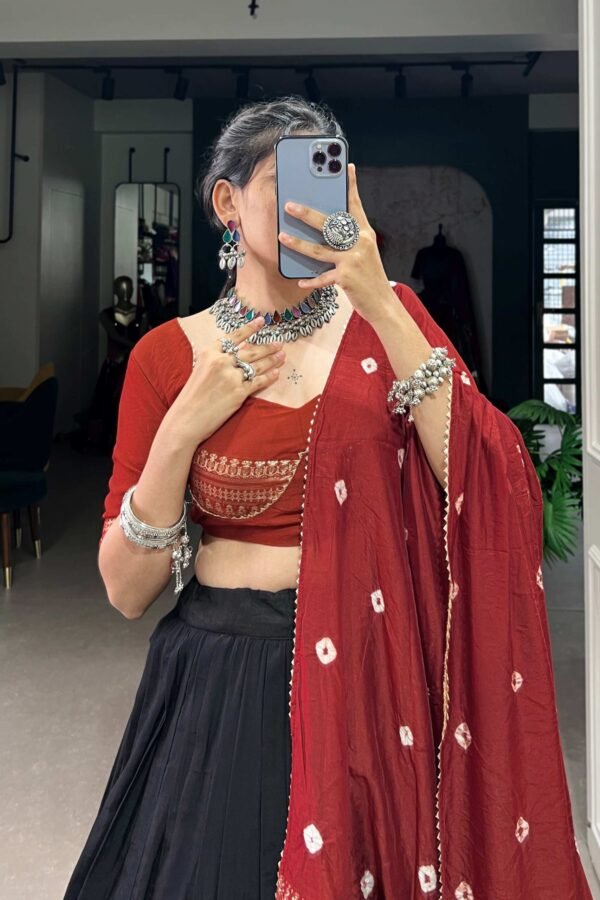 Suratikart Black Pure Chanderi Lehenga Set with Zari Weaving Work Border and Bandhej Print Dupatta