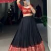 Suratikart Black Pure Chanderi Lehenga Set with Zari Weaving Work Border and Bandhej Print Dupatta
