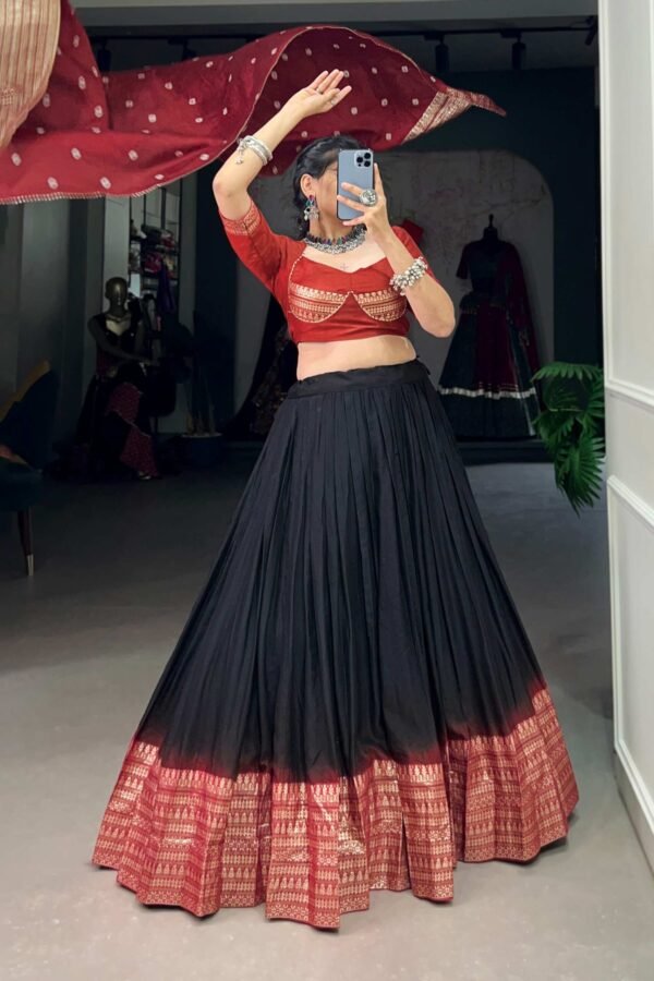Suratikart Black Pure Chanderi Lehenga Set with Zari Weaving Work Border and Bandhej Print Dupatta