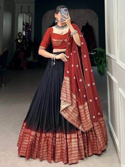 Suratikart Black Pure Chanderi Lehenga Set with Zari Weaving Work Border and Bandhej Print Dupatta