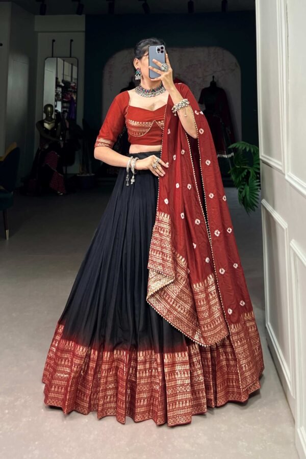 Suratikart Black Pure Chanderi Lehenga Set with Zari Weaving Work Border and Bandhej Print Dupatta