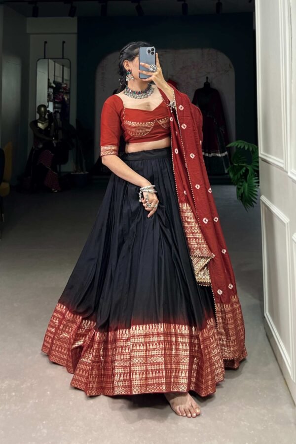 Suratikart Black Pure Chanderi Lehenga Set with Zari Weaving Work Border and Bandhej Print Dupatta