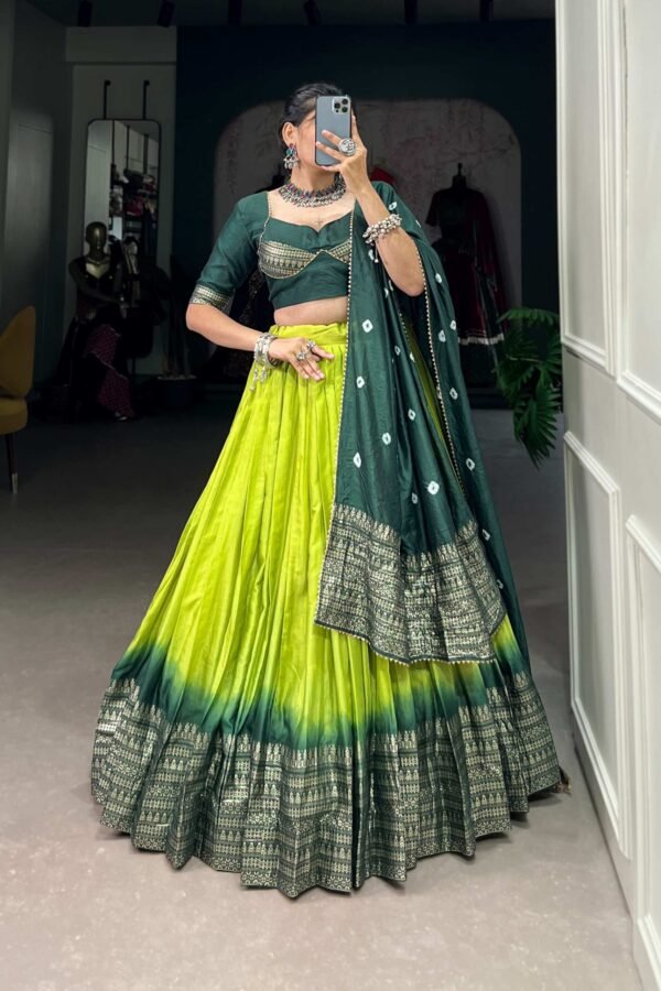 Parrot Green Pure Chanderi Lehenga Set - Exquisite Zari Weaving Work with Bandhej Print Dupatta