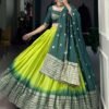 Parrot Green Pure Chanderi Lehenga Set - Exquisite Zari Weaving Work with Bandhej Print Dupatta