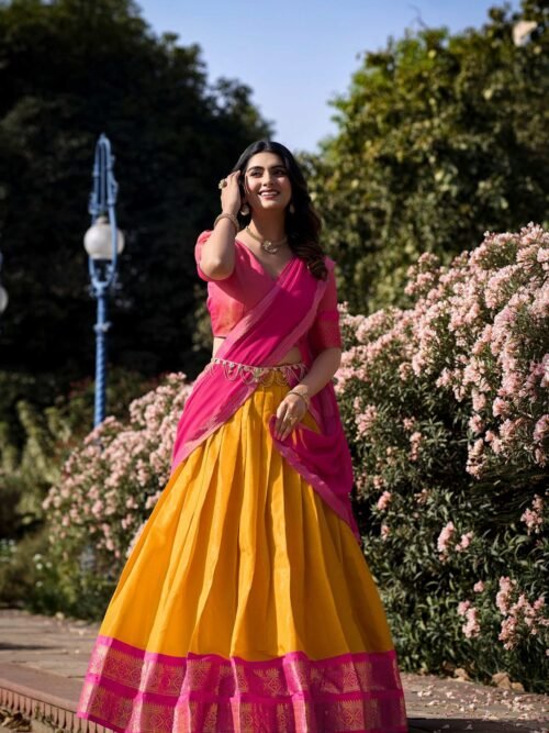 Mustard Color Zari Weaving Work Kanchipuram South Indian Lehenga Choli