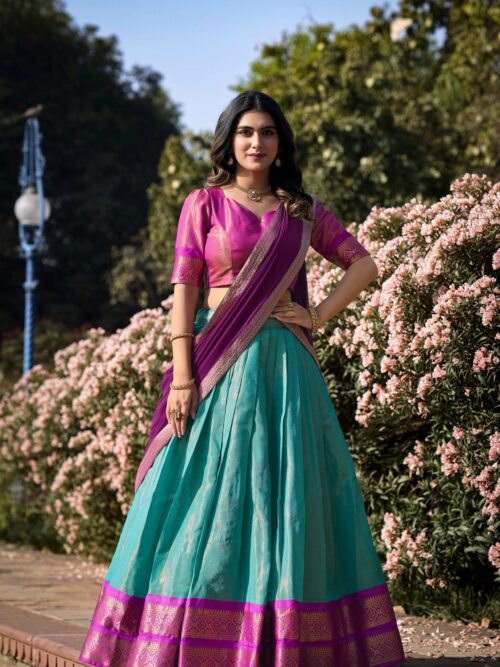 Sky Blue Color Zari Weaving Work Kanchipuram Women Lehenga Choli