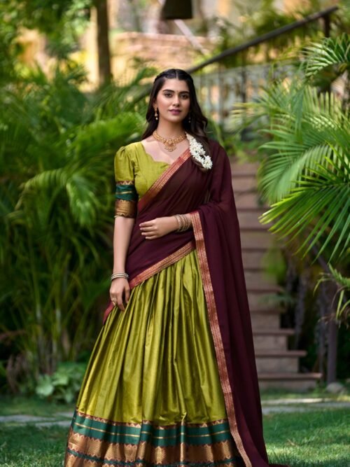 Olive Green South Style Poly Cotton Half Saree Lehenga with Georgette Dupatta