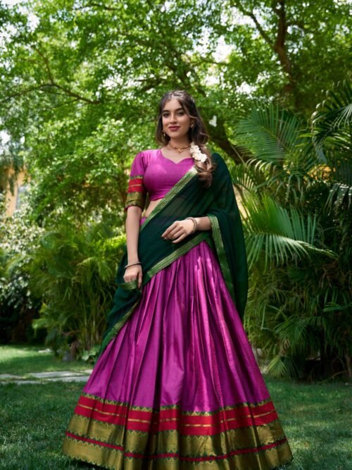 Pink Color South Style Poly Cotton Half Saree with Zari Weaving Lehenga and Elegant Dupatta