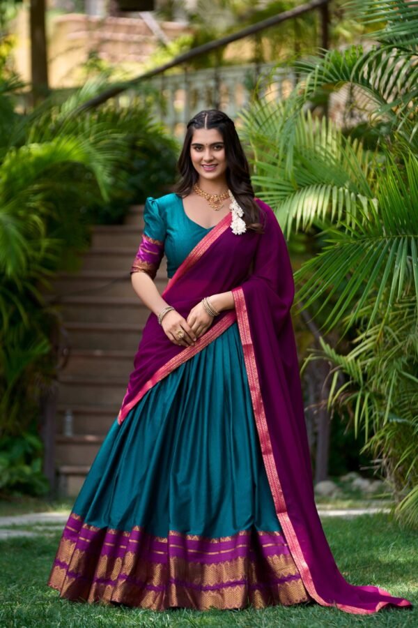 Teal Color South Style Poly Cotton Half Saree Set