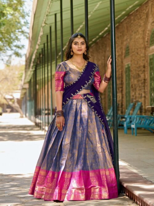 Luxurious Blue Zari South Indian Kanjivaram Lehenga Choli