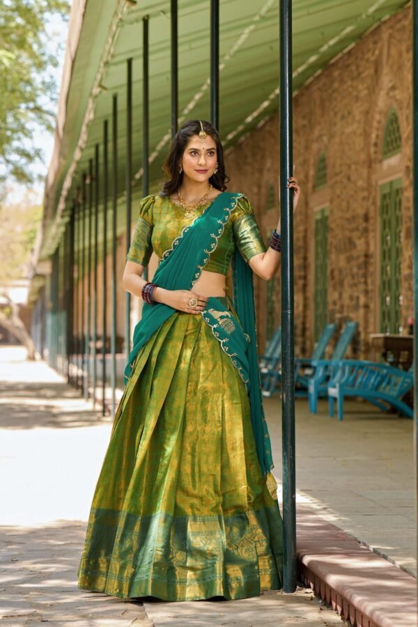 Green Color Zari Weaving Work Kanjivaram Wedding Lehenga Choli