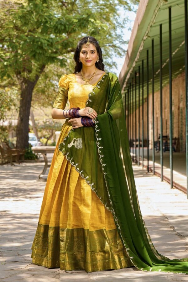 Yellow Color Zari Weaving Work Kanjivaram Lehenga Choli