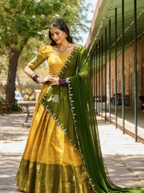 Yellow Color Zari Weaving Work Kanjivaram Lehenga Choli