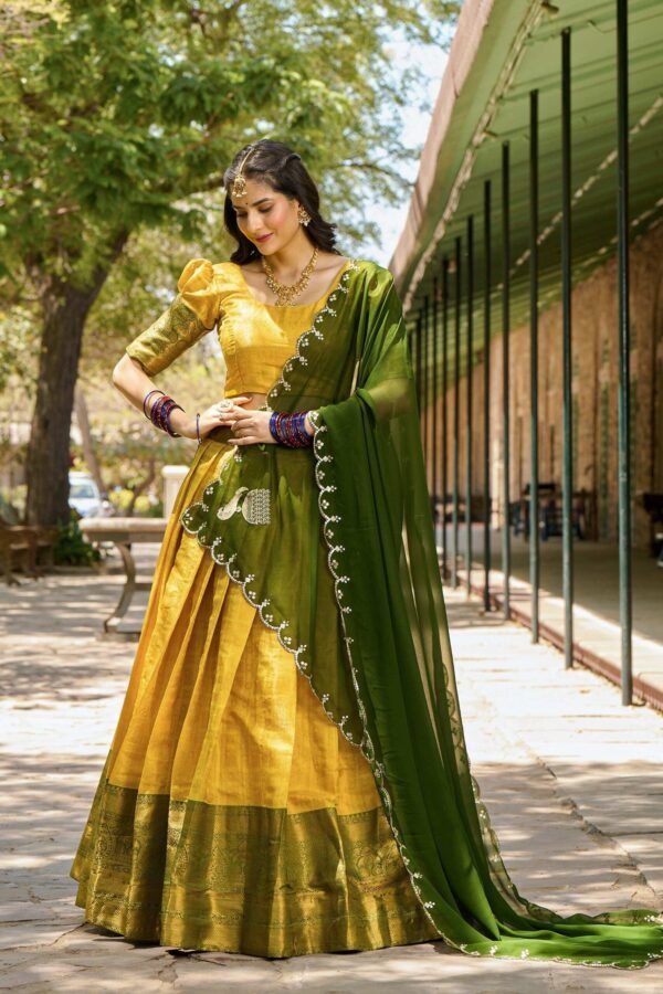 Yellow Color Zari Weaving Work Kanjivaram Lehenga Choli