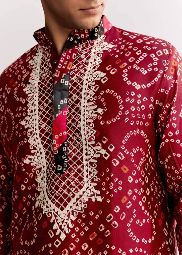 Red Silk Kurta Set With Bandhani Print