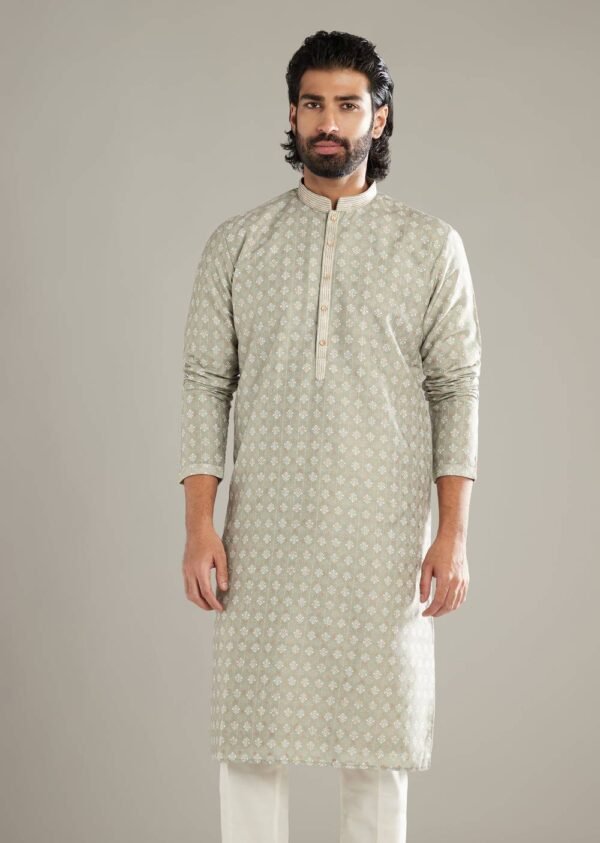 Green Silk Kurta Set For Men With Printed Motifs