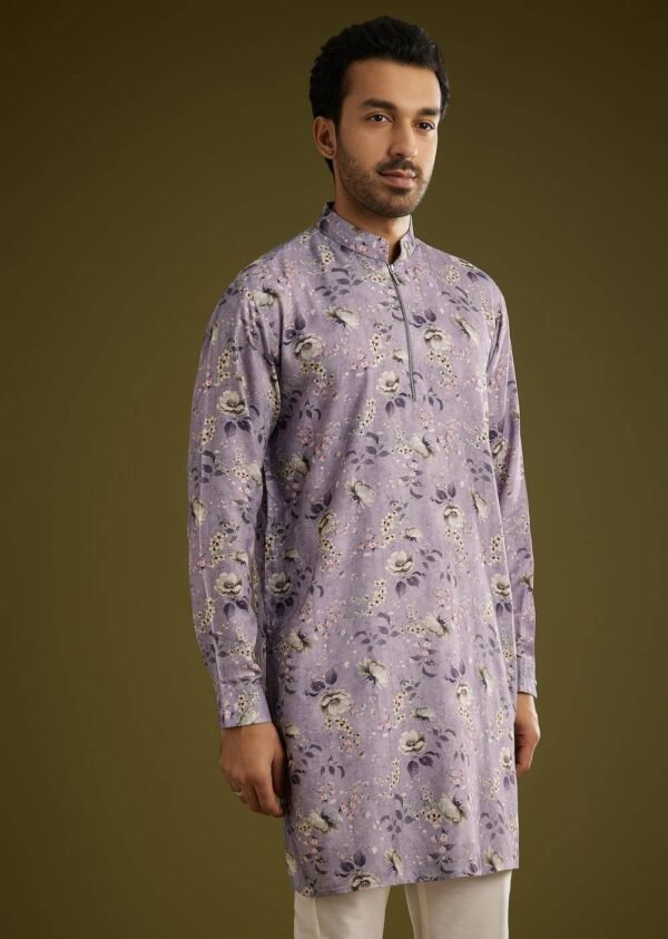 Purple Zipper Kurta Set in Russian Silk with Floral Print