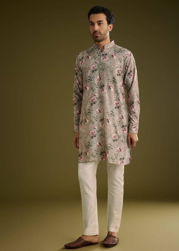 365_2 Grey Printed Kurta Set In Russian Silk With Zipper