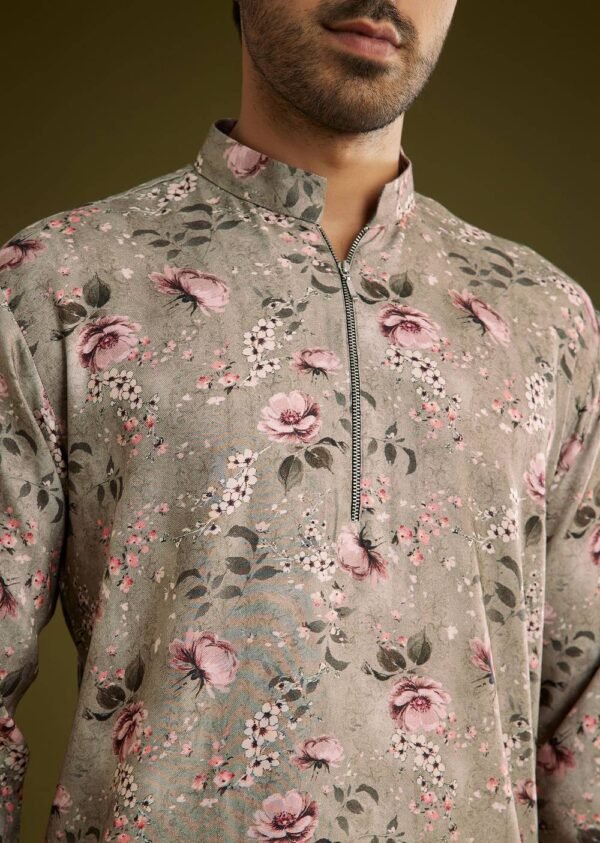 365_3 Grey Printed Kurta Set In Russian Silk With Zipper