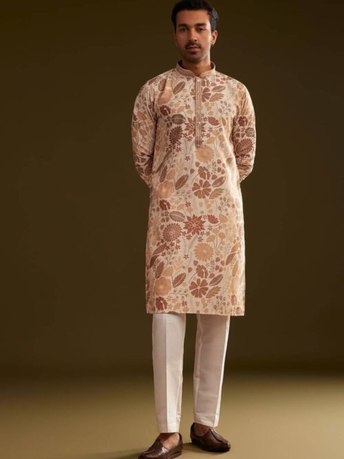 Cream Brown Silk Floral Printed Kurta Set