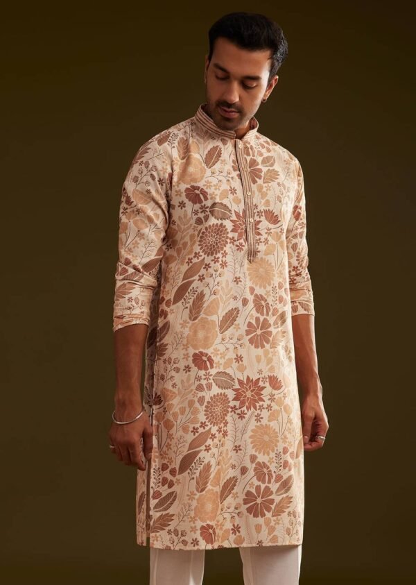 Cream Brown Silk Floral Printed Kurta Set