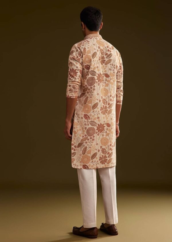 Cream Brown Silk Floral Printed Kurta Set