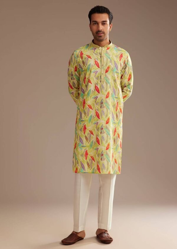 Lime Green Silk Leaf Printed Kurta Set