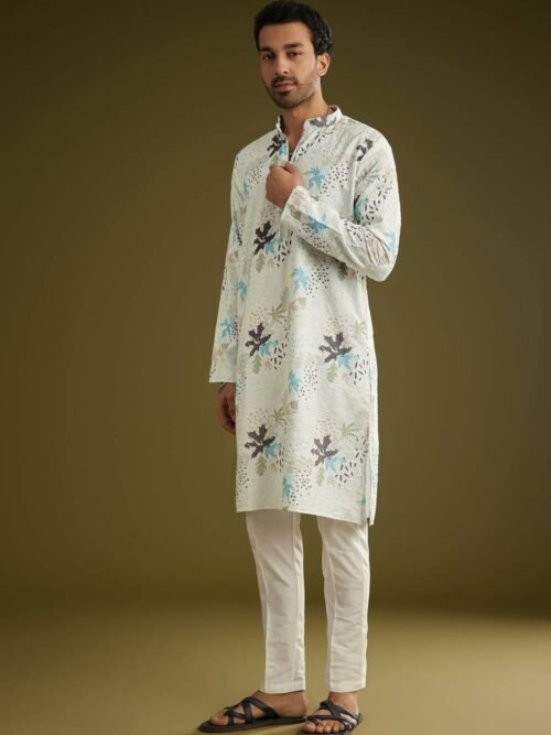 White Linen Zipper Kurta Set With Abstract Leaf Motifs
