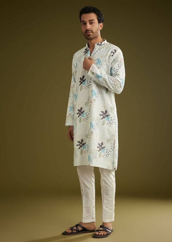 White Linen Zipper Kurta Set With Abstract Leaf Motifs