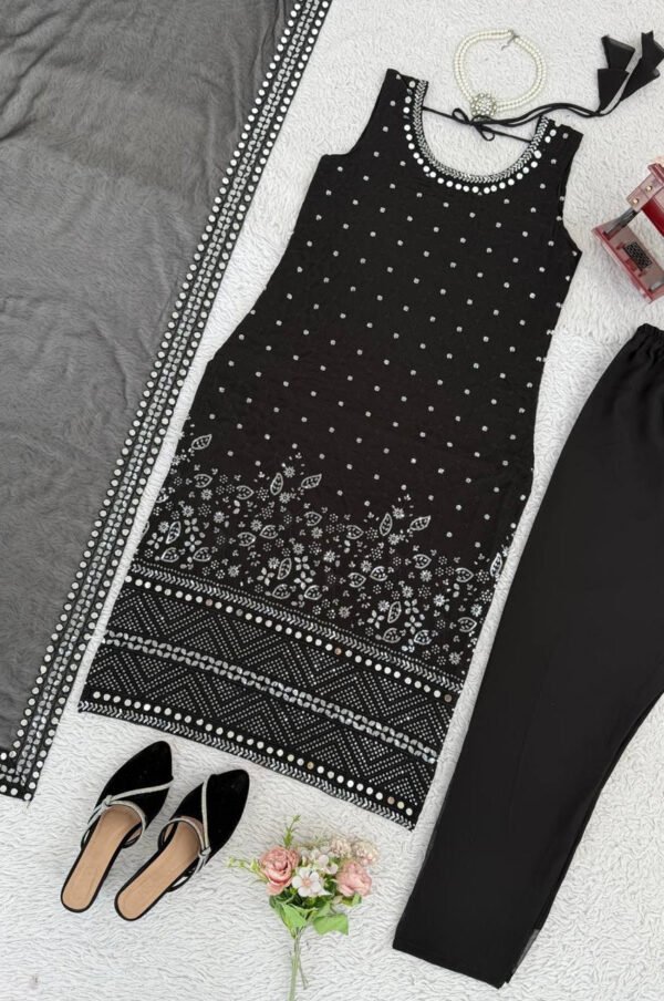 Black Faux Georgette Suit with Real Mirror Work