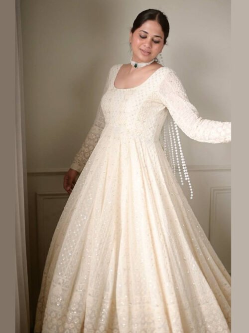 Off White Lucknowi Special Readymade Anarkali Suit Set