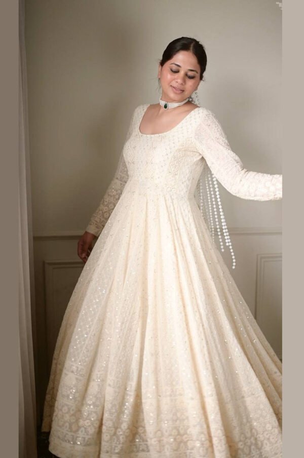Off White Lucknowi Special Readymade Anarkali Suit Set