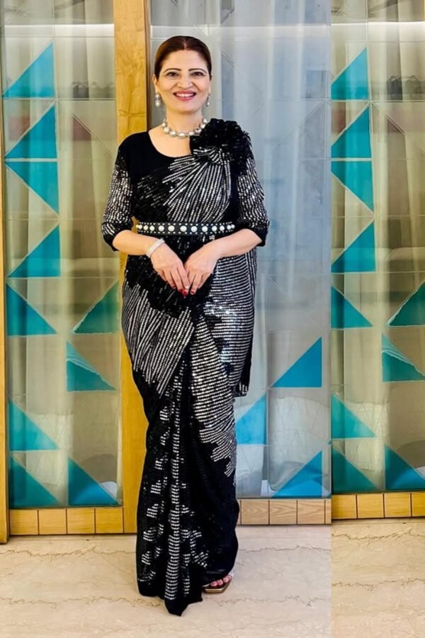 Black Zip Gown Saree with Attached Dupatta