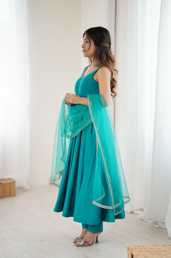 Turquoise Roman Silk Anarkali Suit Set