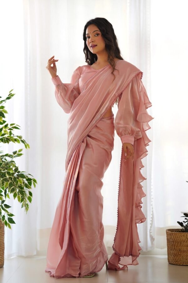 Elegant Pink Jimmy Organza Fabric Ready-to-Wear Saree with Stitched Blouse