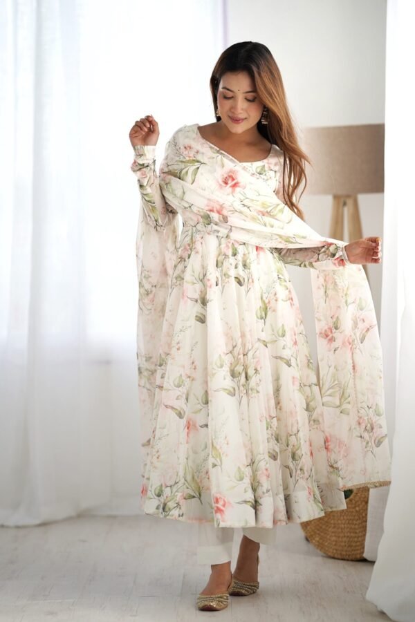 White Flower Print Organza Silk Anarkali Suit Set