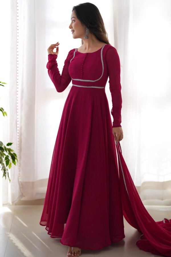 Upgrade Your Wardrobe with the Exquisite Wine Color Designer Yoke Neck Gown with Dupatta
