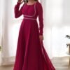 Upgrade Your Wardrobe with the Exquisite Wine Color Designer Yoke Neck Gown with Dupatta