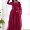 Upgrade Your Wardrobe with the Exquisite Wine Color Designer Yoke Neck Gown with Dupatta