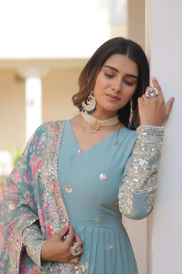 Sky Blue Heavy Embroidery Work Gown with Dupatta