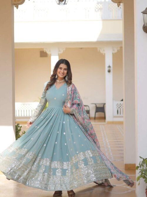 Sky Blue Heavy Embroidery Work Gown with Dupatta