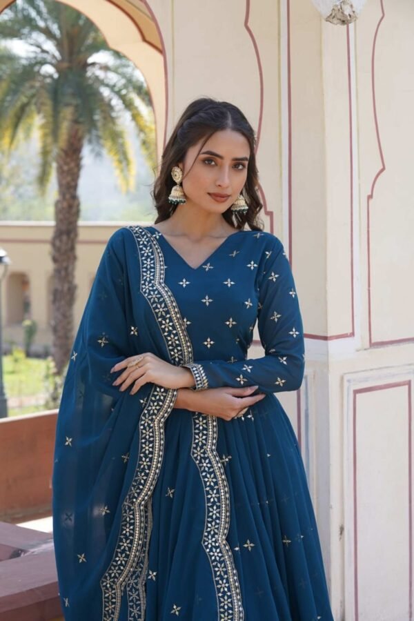 Blue Wedding Wear Heavy Sequence Work Gown with Dupatta