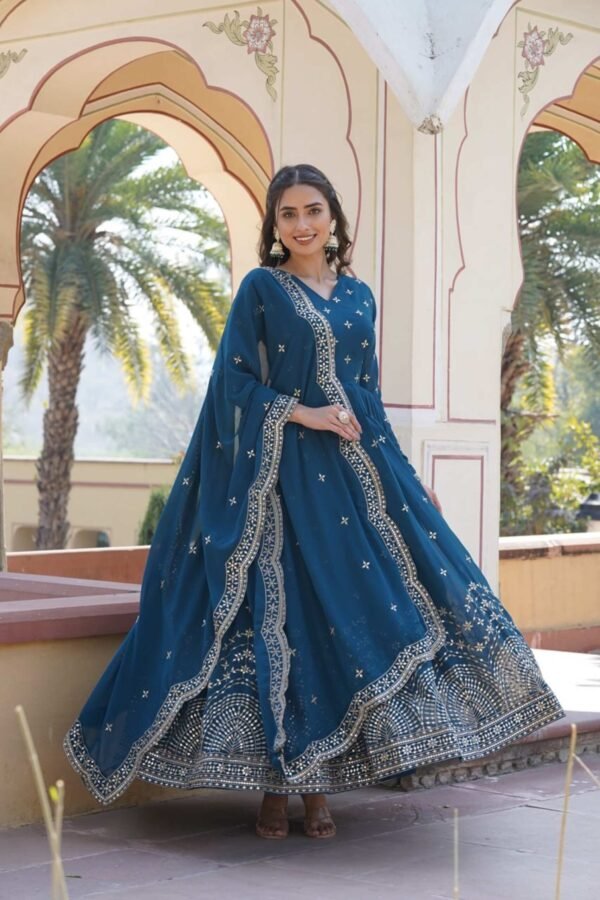 Blue Wedding Wear Heavy Sequence Work Gown with Dupatta