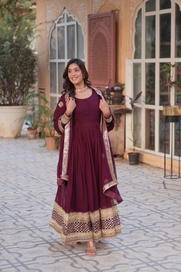 Sophisticated Maroon Zari Sequins Embroidered Gown