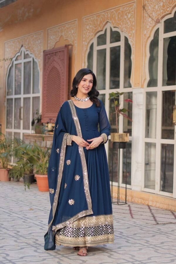 Royal Blue Faux Blooming Gown with Zari Sequins Embroidery